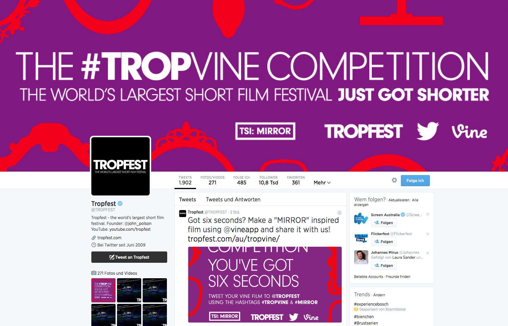 Tropfest in 2014 mit Vine Video Kategorie