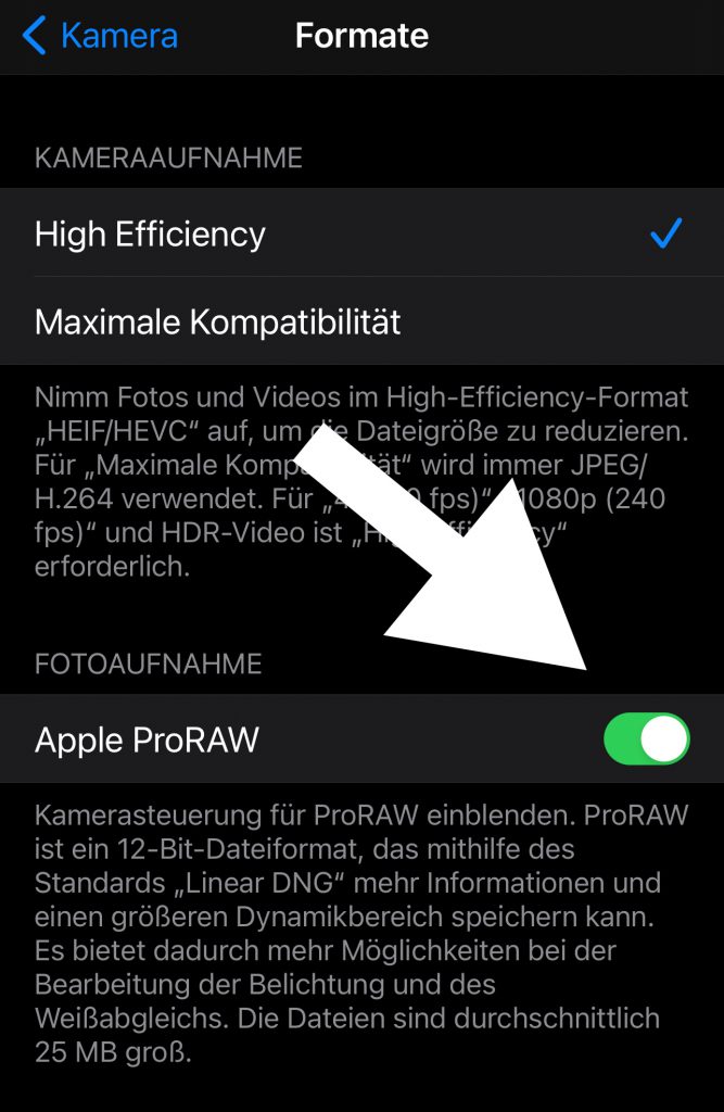 Unter Einstellungen > Kamera > Apple ProRAW aktivieren