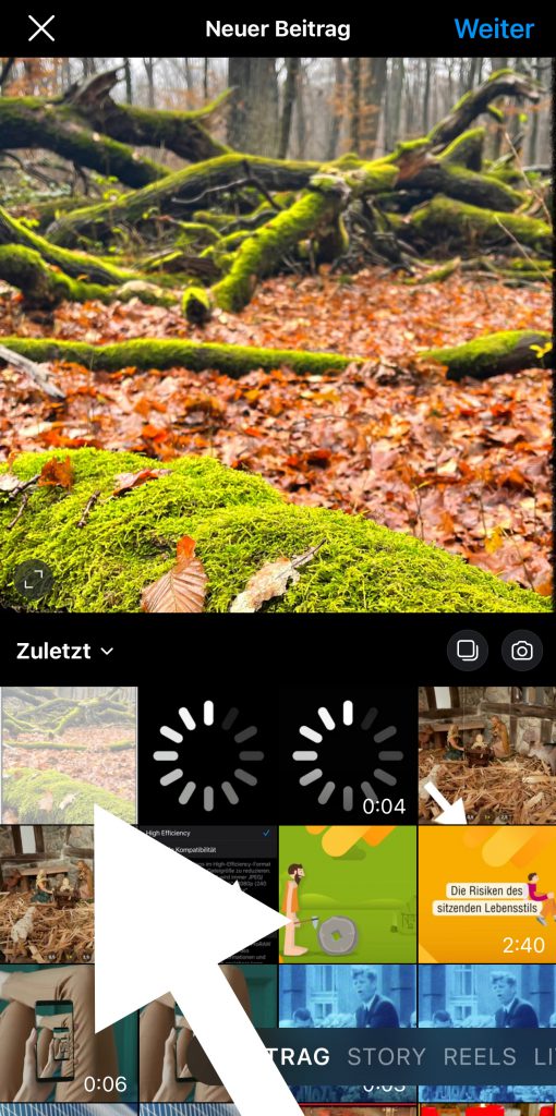 Auswählen des Videos oder Fotos für Ihr Instagram-Posting